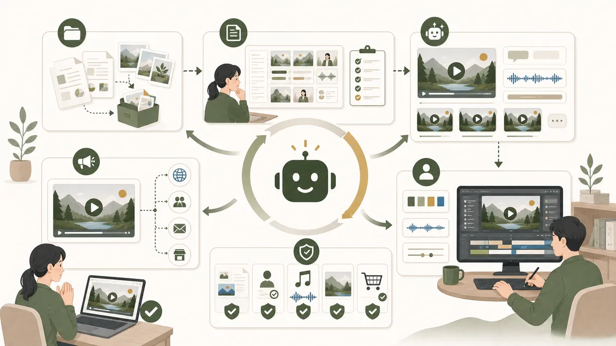 AI動画生成で資料から動画のたたき台を作り人が仕上げて公開する流れ