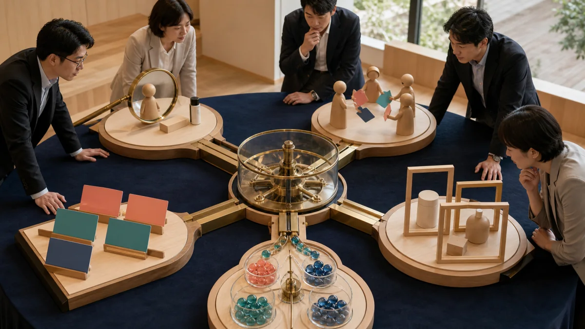 検索・交流・コピー案・画像試作・分析という5領域をAI機構から分岐する図