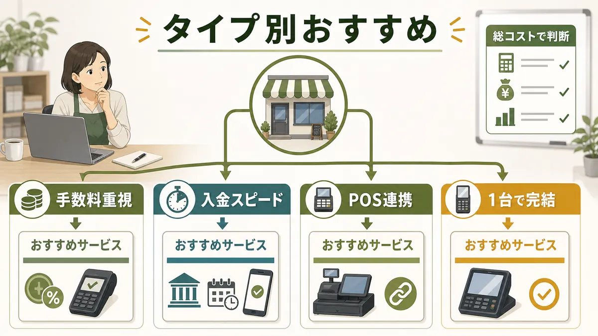 キャッシュレス決済を手数料入金スピードPOS連携1台完結などタイプ別に選ぶ