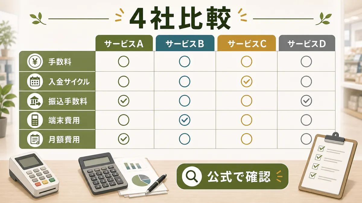 店舗向けキャッシュレス決済4社を手数料入金サイクル振込手数料端末費用月額費用で比較