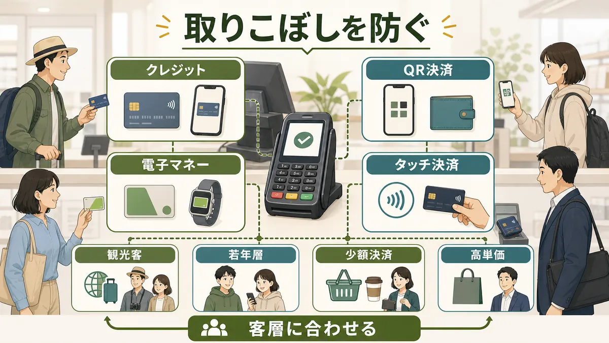 クレジットQR決済電子マネータッチ決済など客層に合わせた決済手段