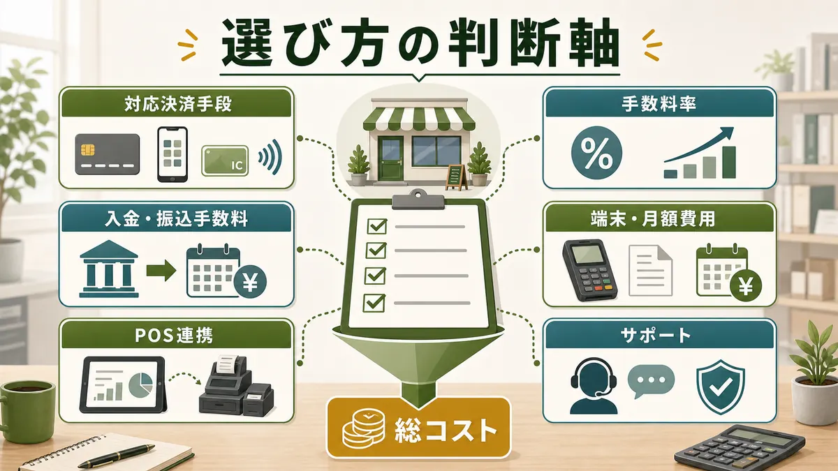 キャッシュレス決済を対応手段手数料率入金振込費用POS連携サポートで選ぶ判断軸