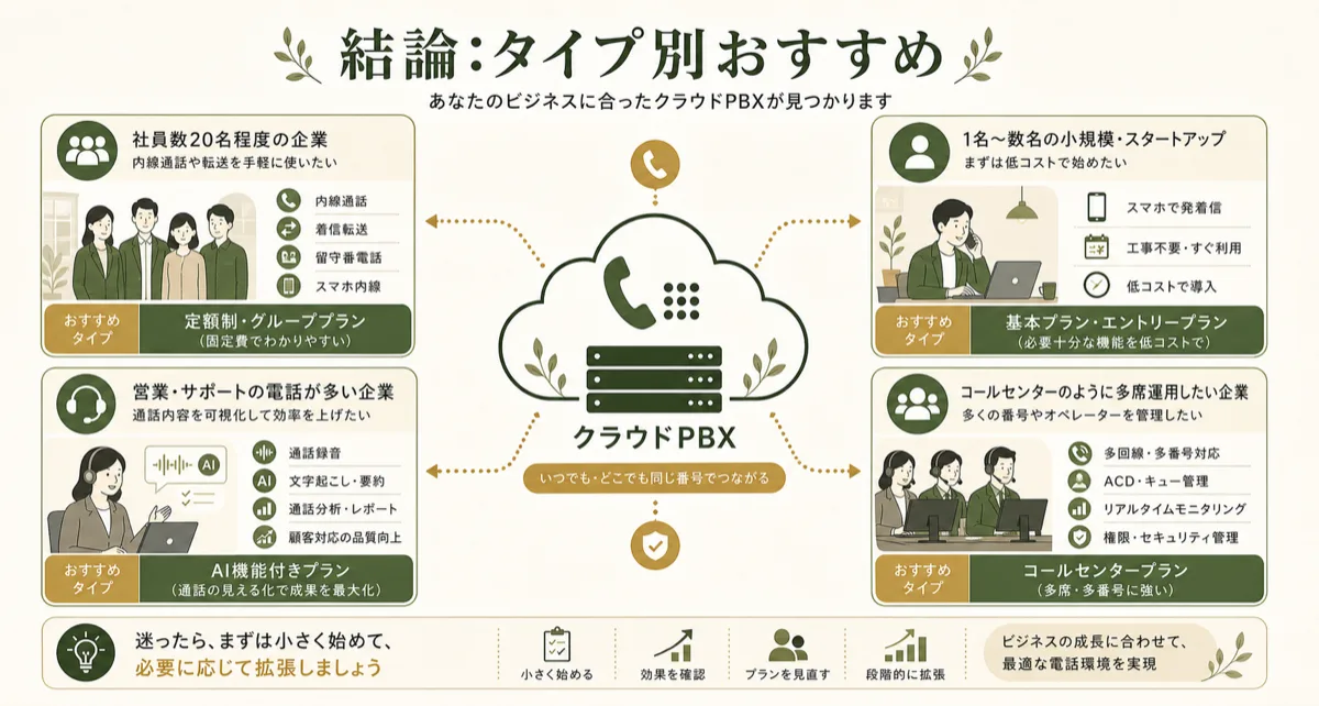規模と用途で選ぶクラウドPBXのおすすめタイプ
