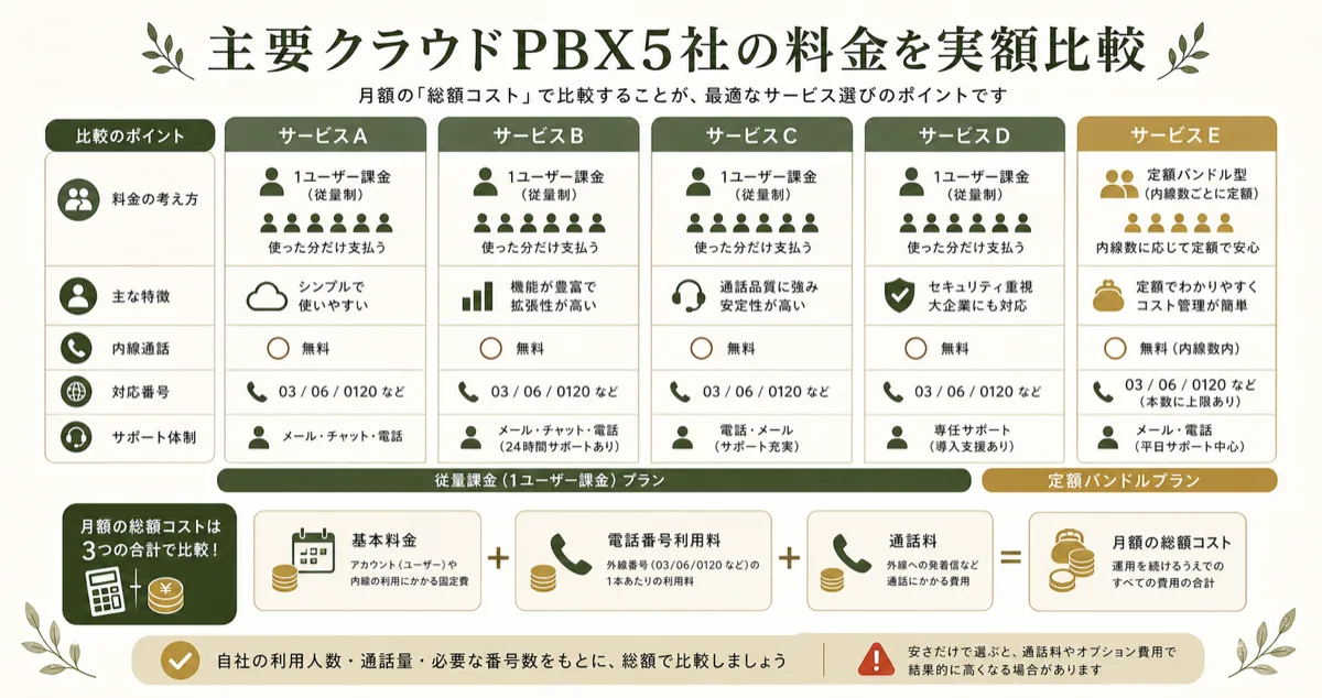 クラウドPBX料金を基本料と番号費用と通話料で比較する図解