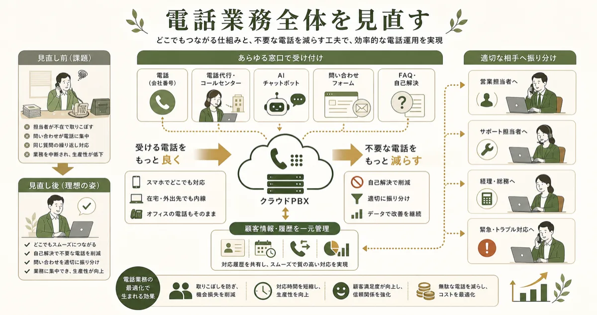 電話代行やチャットボットを含めた電話業務見直し