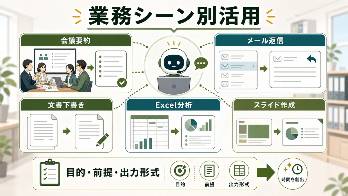 Copilotの会議要約メール返信文書下書きExcel分析スライド作成など業務シーン別活用