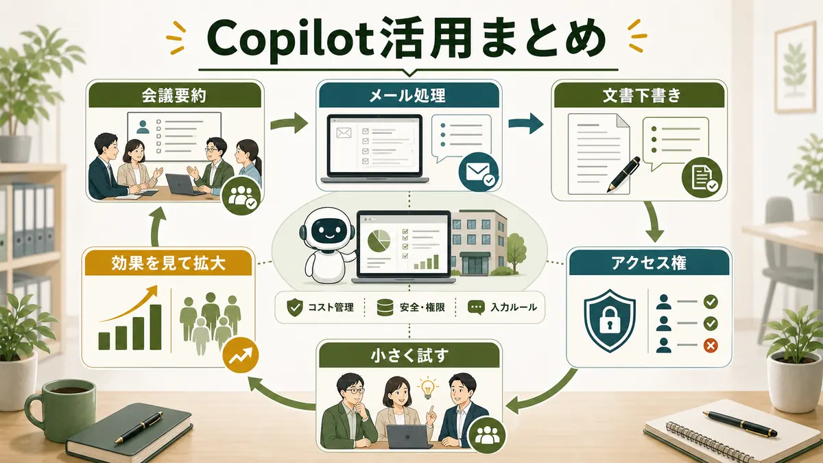 Copilot活用は会議要約メール処理文書下書きアクセス権小さく試す流れで進める