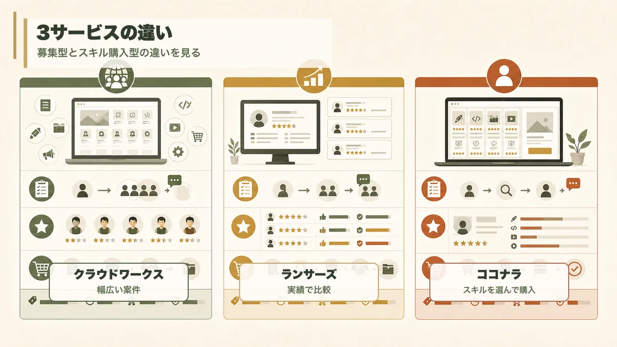 クラウドワークス・ランサーズ・ココナラの違いを比較した図解