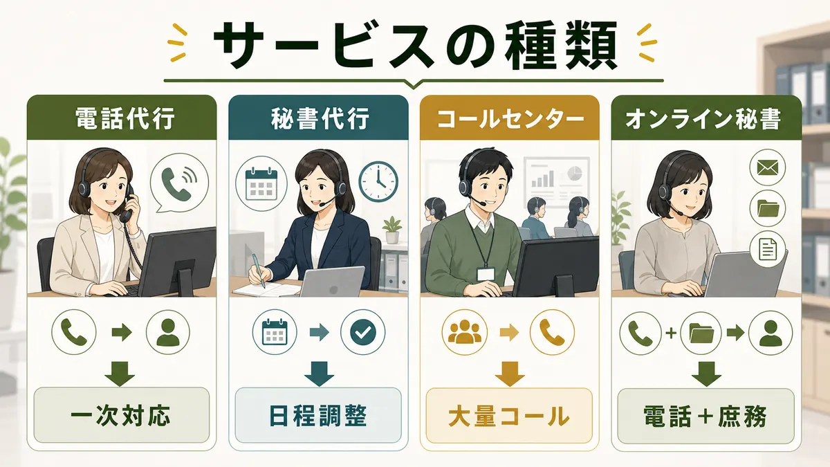 電話代行秘書代行コールセンターオンライン秘書のサービス種類と向く範囲