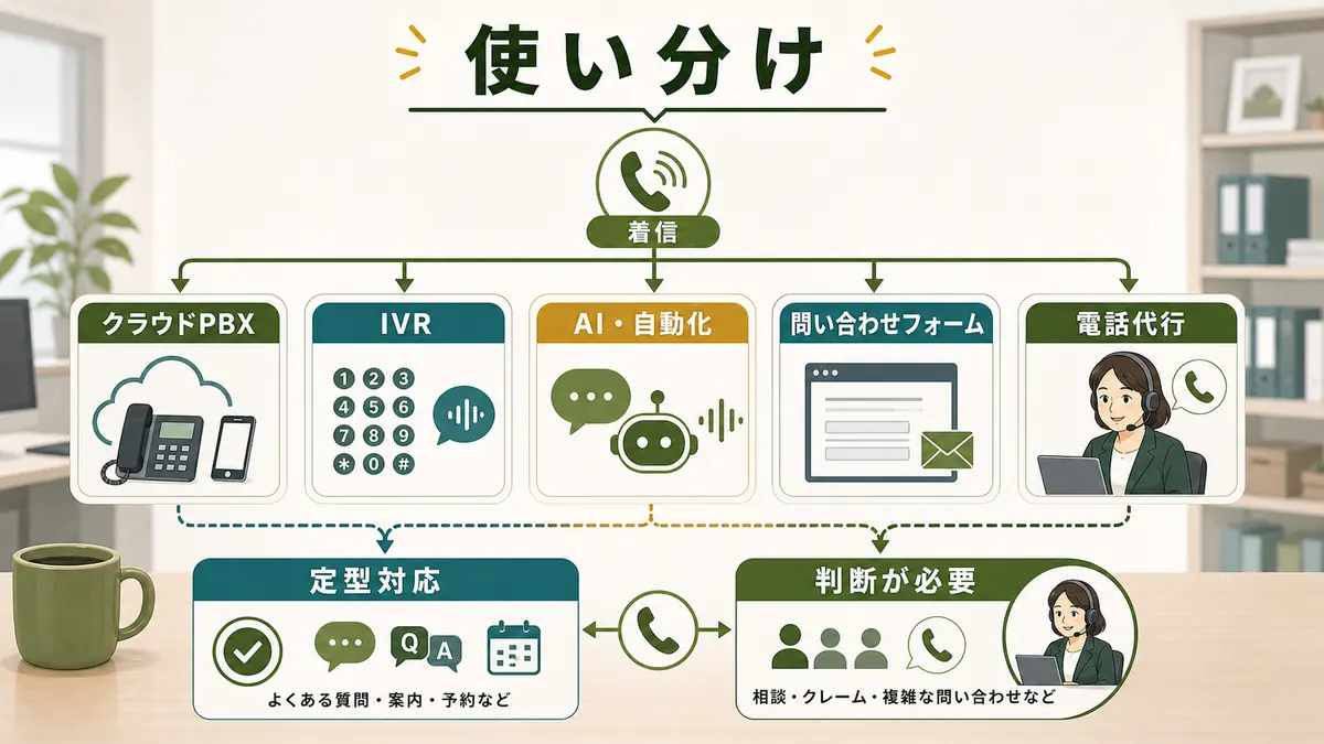 クラウドPBX IVR AI自動化問い合わせフォーム電話代行を定型対応と判断が必要な対応で使い分ける