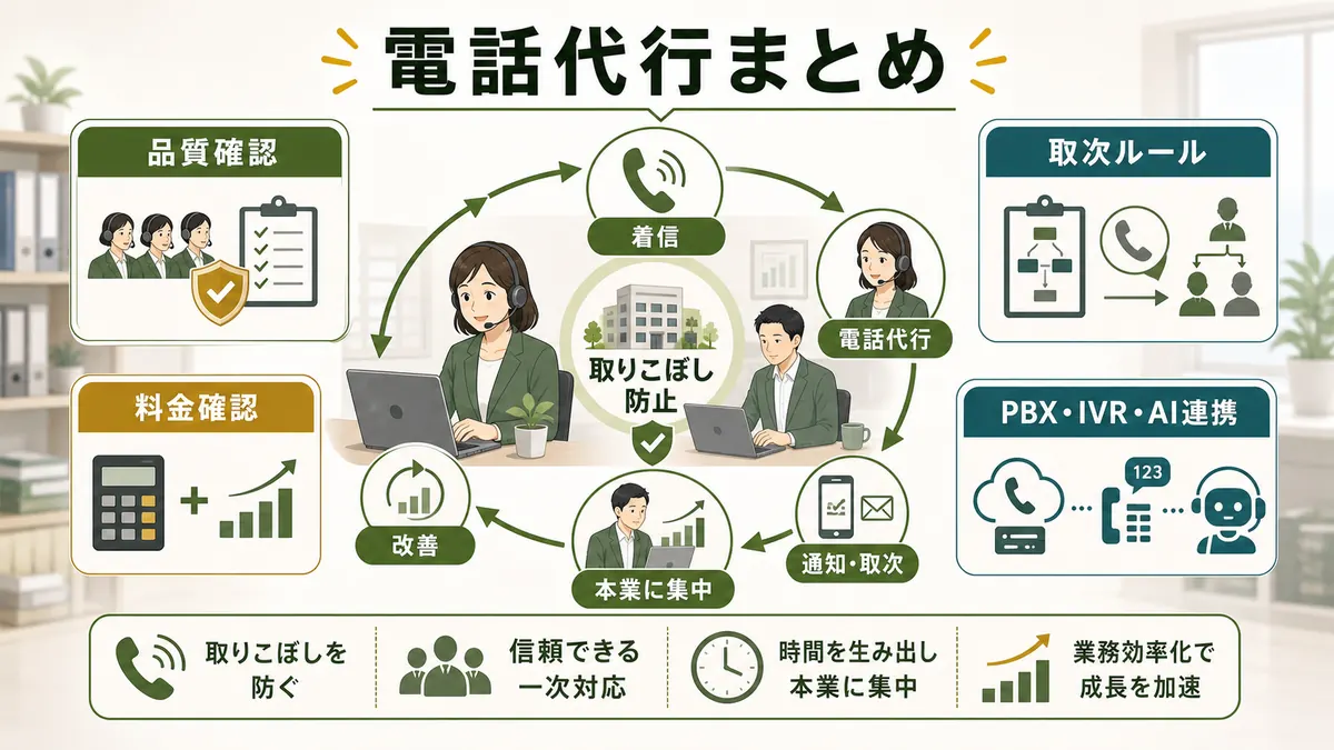電話代行は取りこぼし防止通知取次本業集中料金確認取次ルールPBX IVR AI連携で設計する