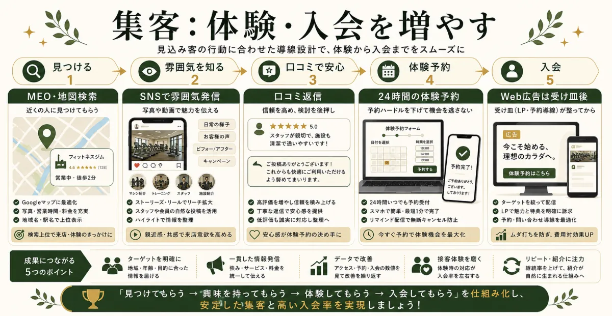ジムのMEOとSNSと口コミと体験予約による集客導線