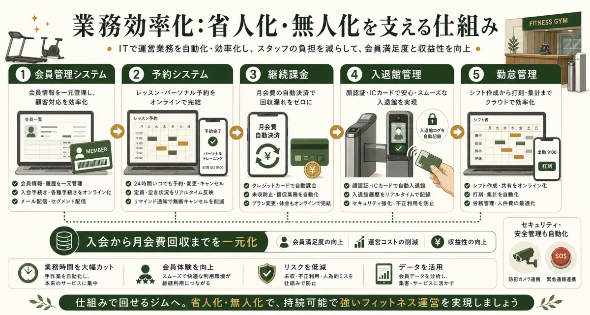 ジムの会員管理と予約と継続課金と入退館管理による業務効率化
