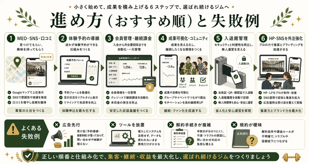 ジムIT活用の導入手順と広告先行や規約曖昧などの失敗例