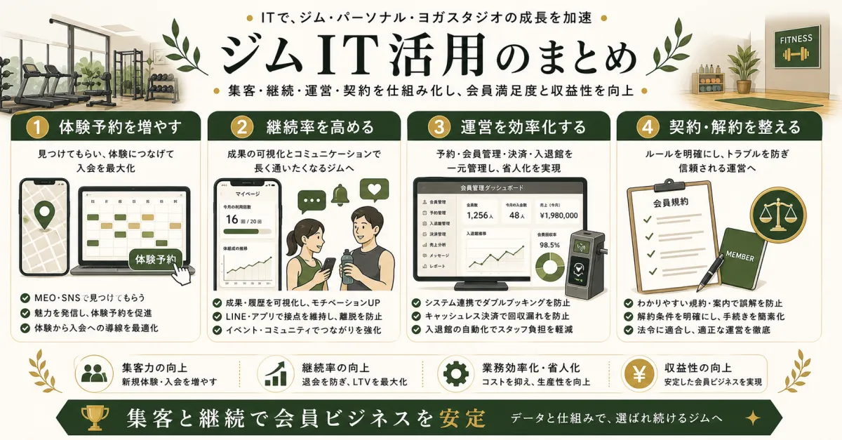 ジムIT活用の体験予約と継続率と運営効率化と契約整備のまとめ