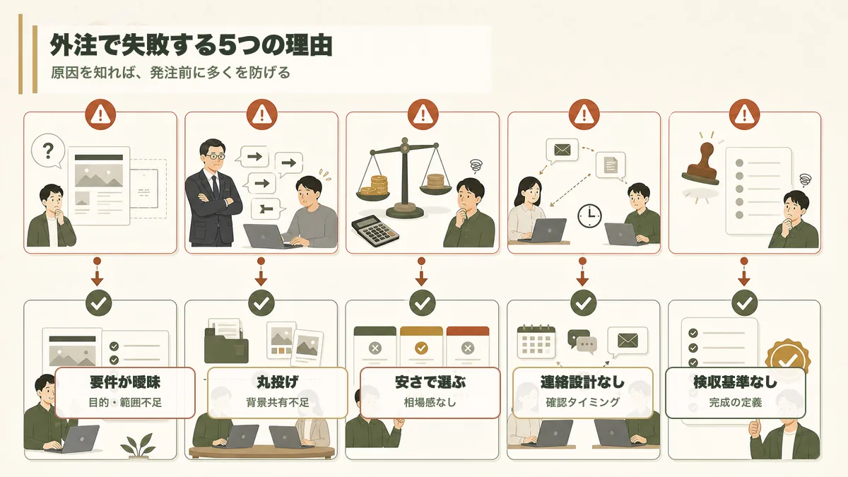 外注で失敗する5つの理由と防ぎ方の図解