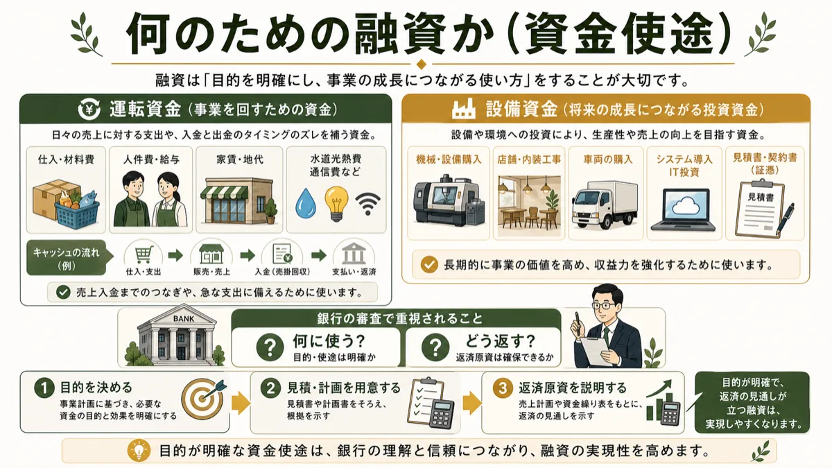 運転資金と設備資金の資金使途を整理した図解