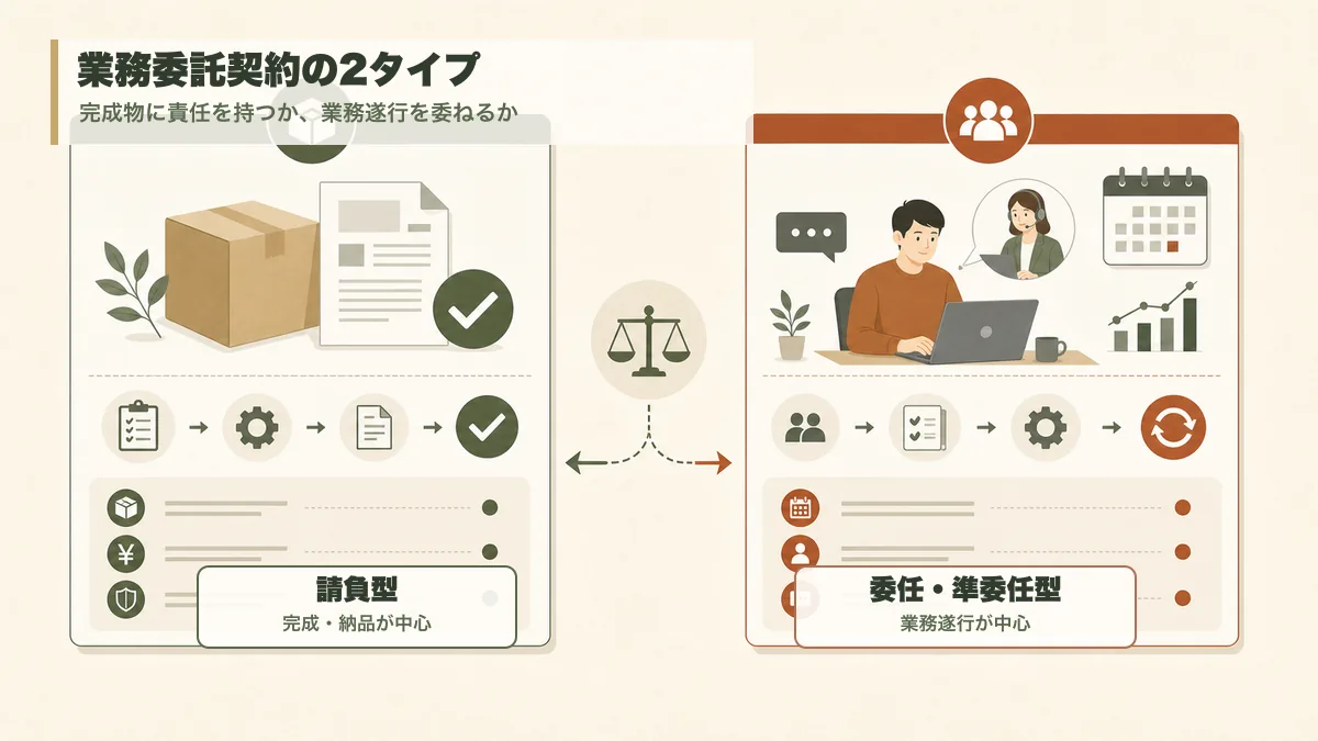 請負型と委任・準委任型の違いを示す業務委託契約の図解