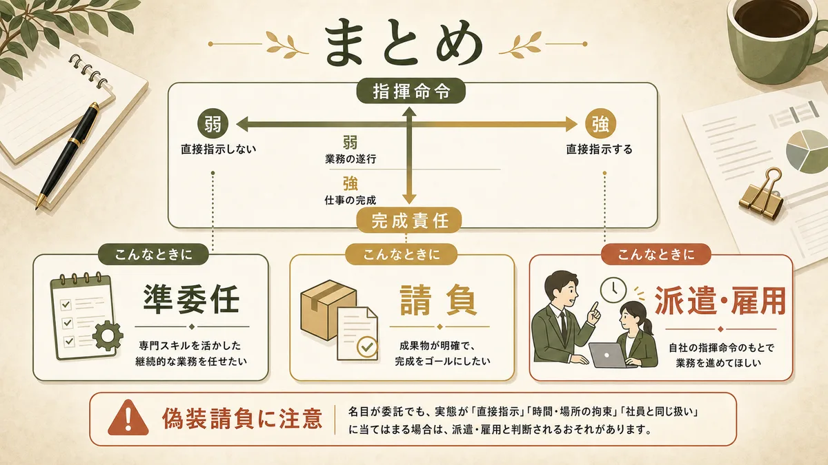 業務委託・請負・派遣の違いを指揮命令と完成責任で整理したまとめ
