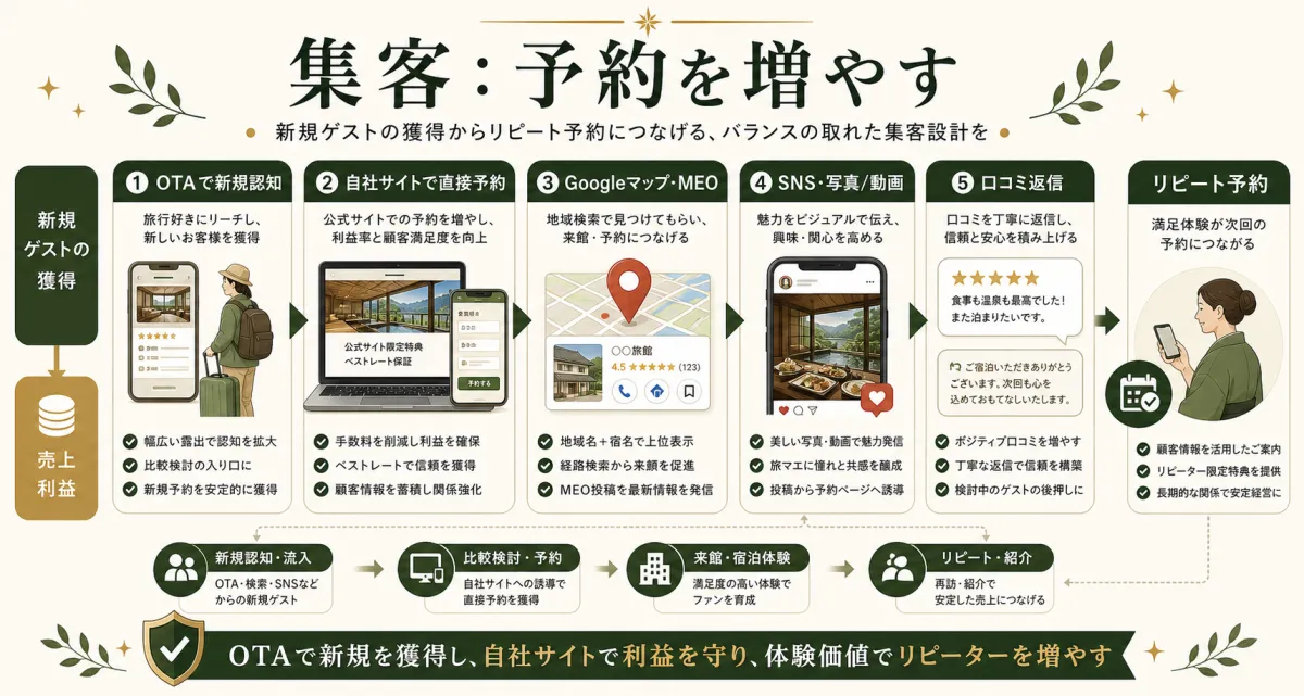 宿泊業がOTAと自社サイトと口コミで予約を増やす集客導線