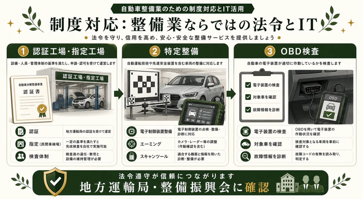 認証工場と指定工場と特定整備とOBD検査の制度対応