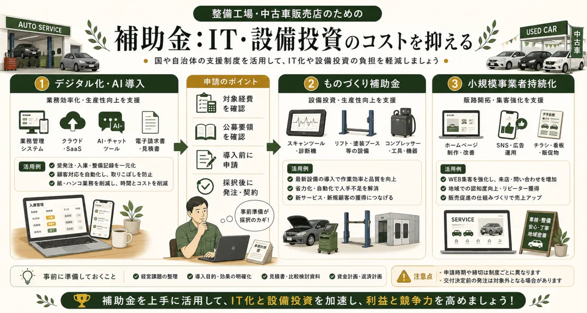自動車整備工場のITツールや設備投資で確認する補助金のポイント
