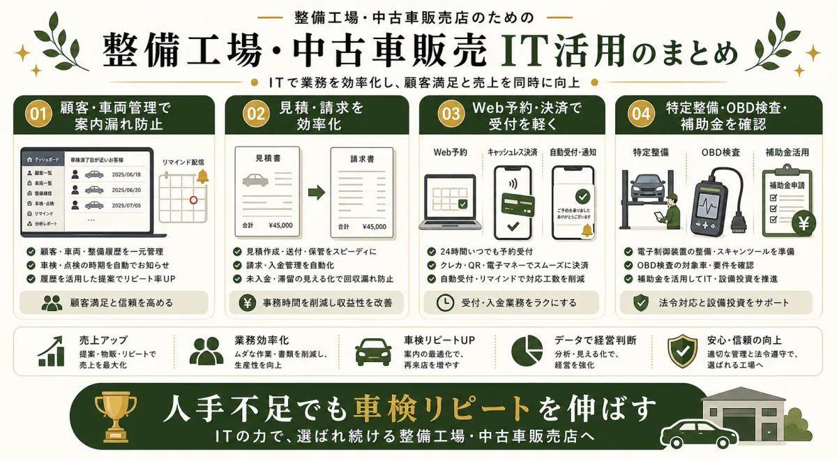 整備工場と中古車販売のIT活用で車検リピートを伸ばすまとめ