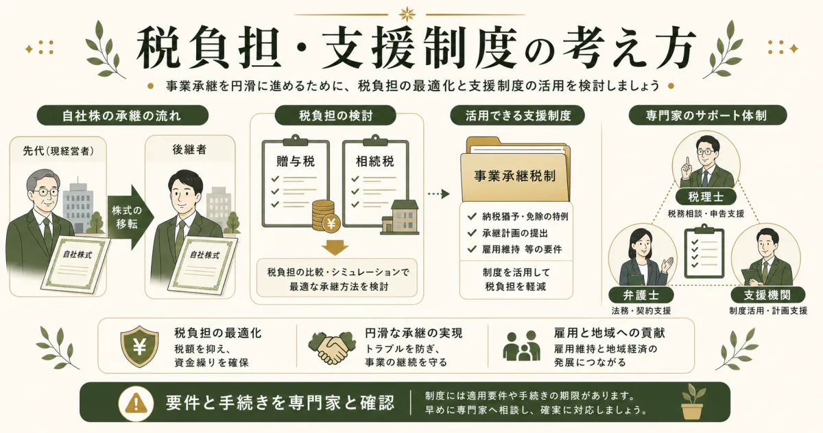 事業承継の税負担と支援制度を専門家と確認する図解