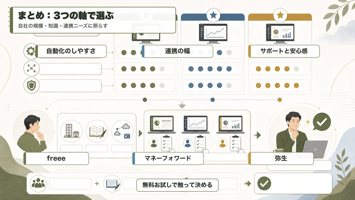 会計ソフト3社を3つの軸で選ぶまとめ