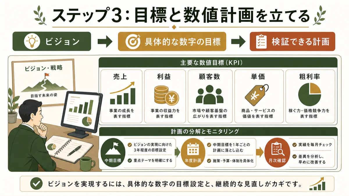 目標を売上や利益などの数値計画に落とす図解