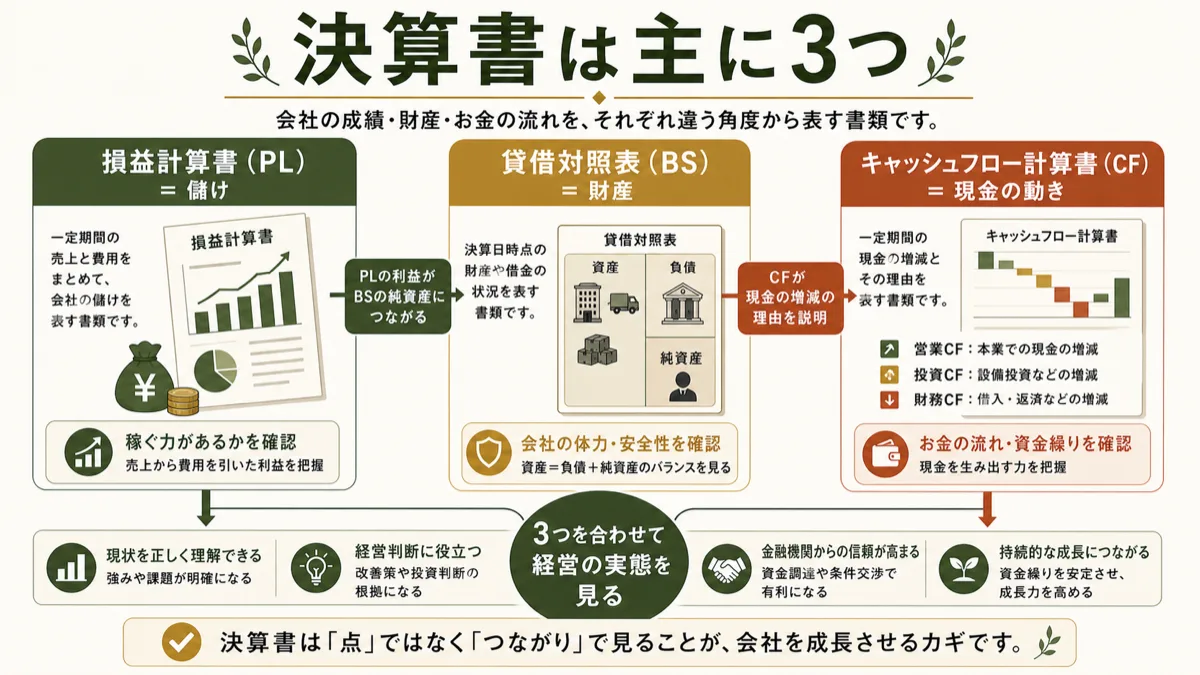 決算書の3つの書類であるPLとBSとCFの関係