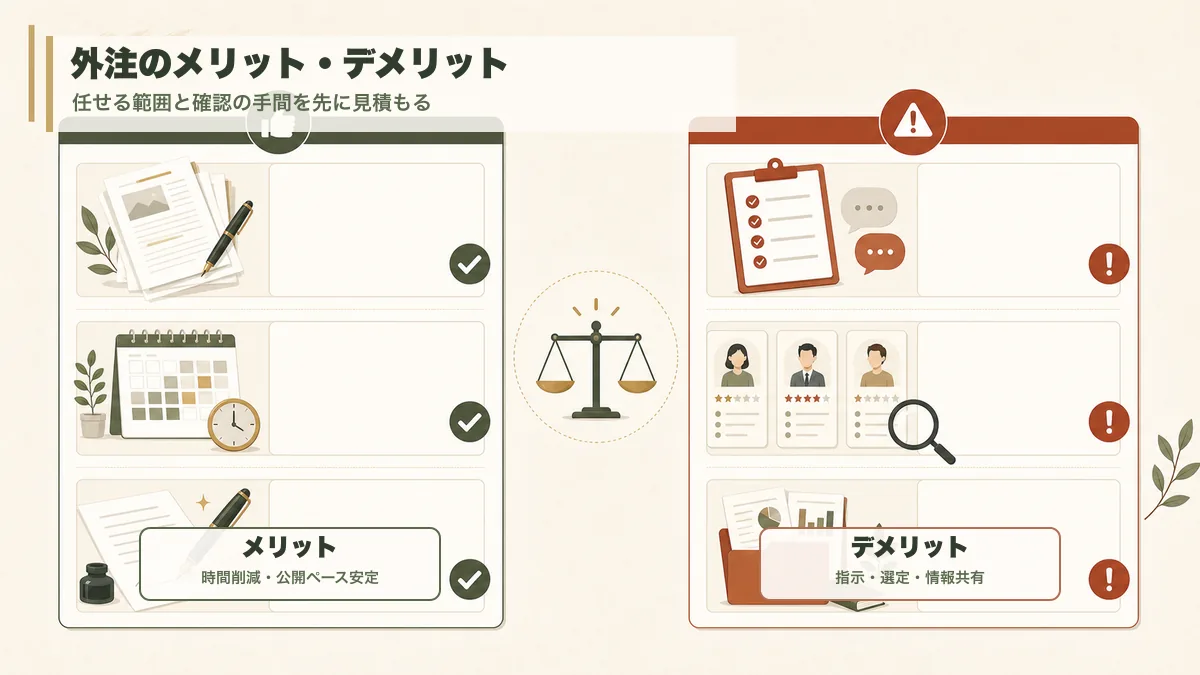 記事作成を外注するメリットとデメリットの比較図