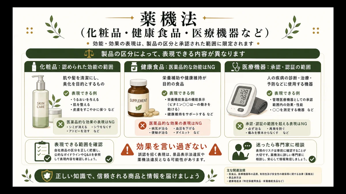 薬機法・景表法・健康増進法・医療広告ガイドライン・特商法の守備範囲