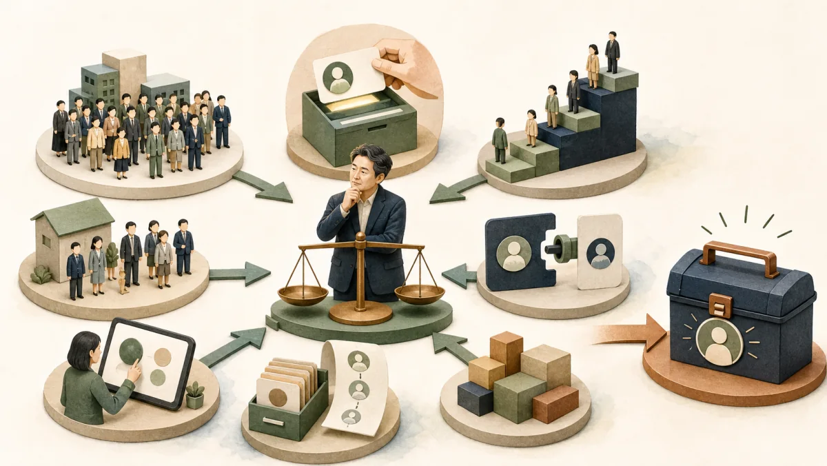 会社規模・名刺取込・営業工程・連携・操作性・総コストの六軸で選ぶ図