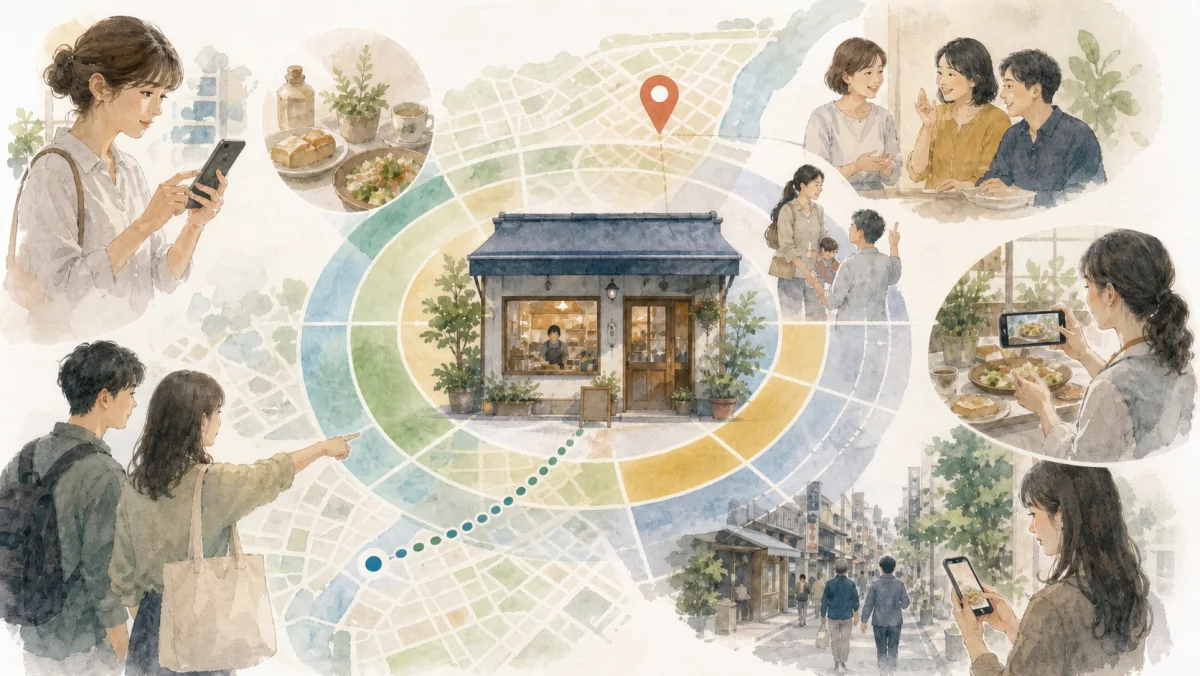 関連性・距離・地域での認知が地図検索から来店へつながる図
