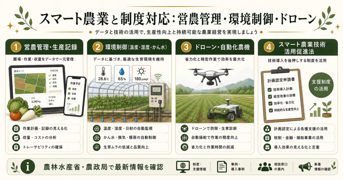 スマート農業の営農管理と環境制御とドローンと制度対応