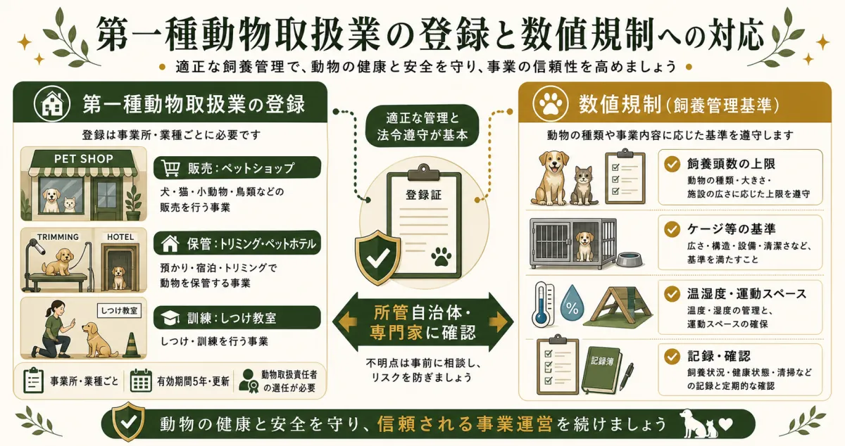 第一種動物取扱業の登録と数値規制で確認する販売保管訓練と飼養管理基準