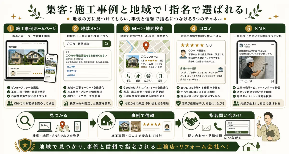 施工事例ホームページと地域SEOとMEOと口コミで指名問い合わせを増やす