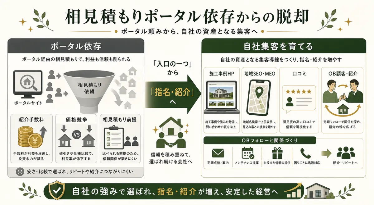 相見積もりポータル依存から自社集客とOB顧客紹介へ移行する流れ