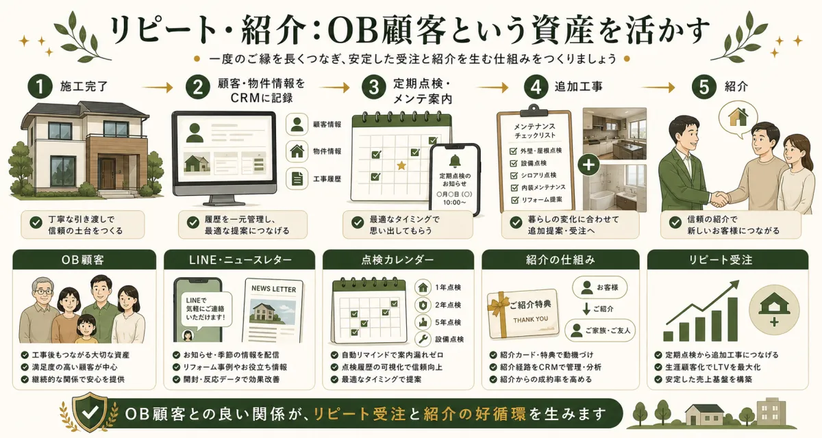 OB顧客の定期点検とメンテ案内と紹介でリピート受注を増やす