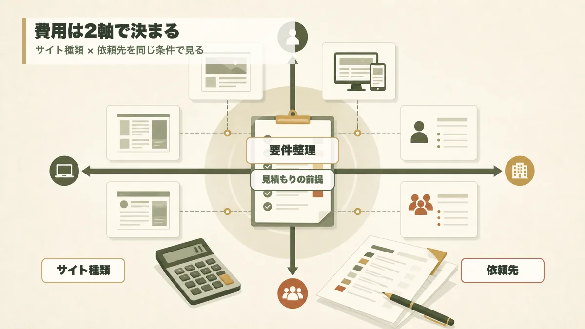 Web制作の外注費用はサイト種類と依頼先の2軸で決まる図解