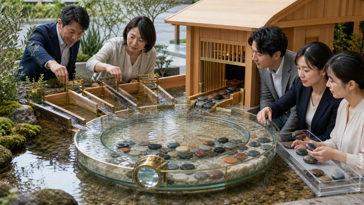 流入元ごとの来訪石を計測池で観察し相談到達を分けて水門を改善する図