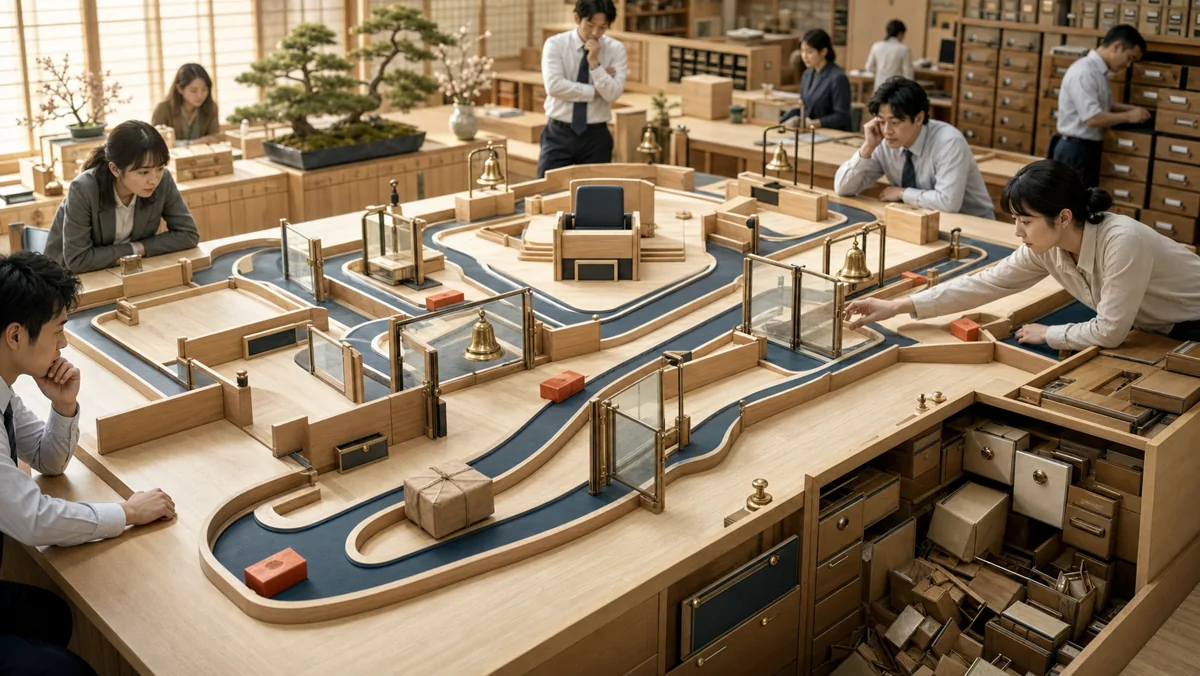 紙の申請が空席で止まり遠隔担当へ届かず保管箱の中で所在不明になる課題を示す図