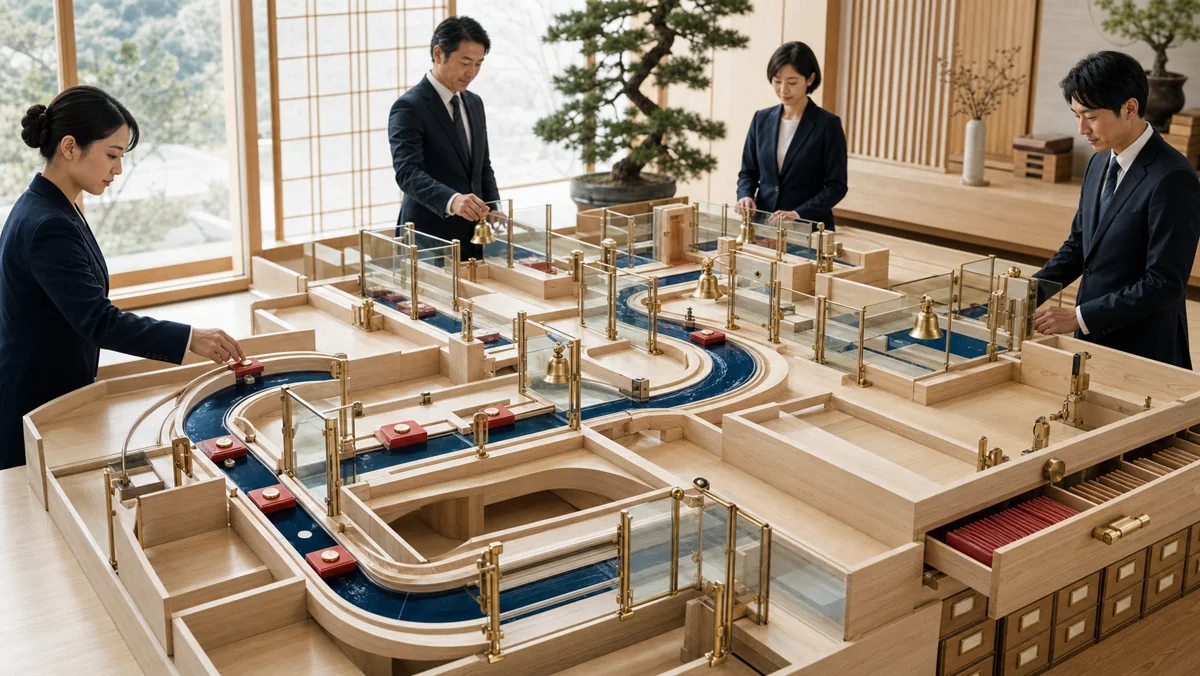 申請駒が登録済み経路と条件分岐を通り各承認ゲートの進捗を見せながら保管される図