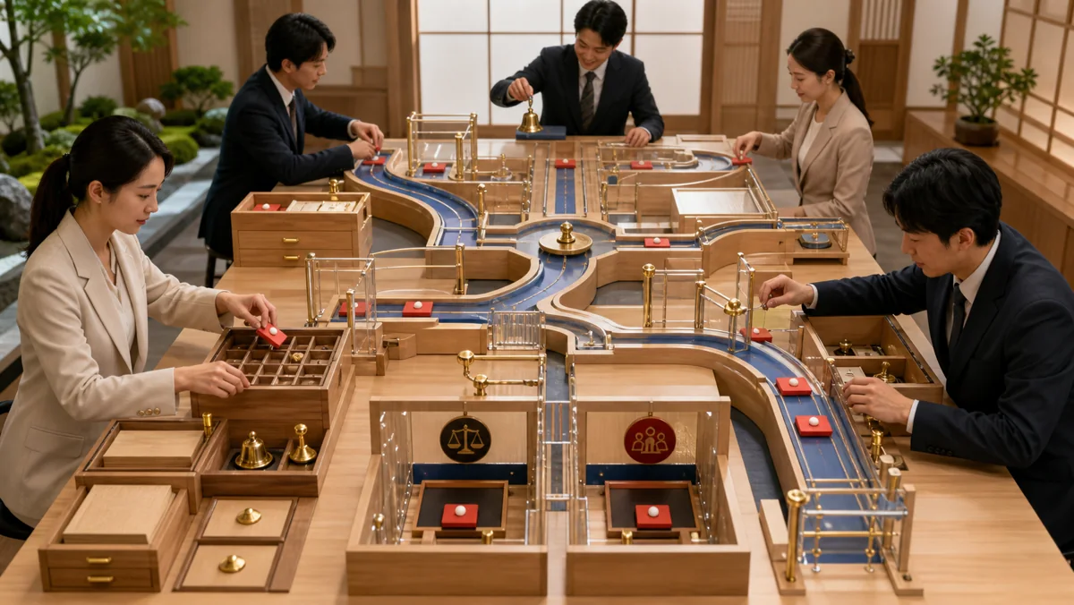 入力・承認分岐・履歴・代理経路・通知・会計人事連携という6機能を一つの経路で示す図