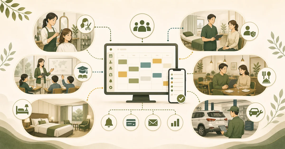 サロン、治療院、クリニック、教室、飲食店、宿泊、整備工場の予約管理の違い